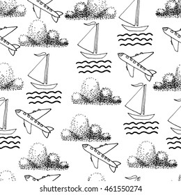 Vector seamless pattern. Hand drawn clouds, airplanes, yachts, waves.