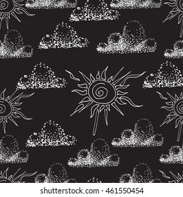 Vector seamless pattern. Hand drawn clouds and sun.