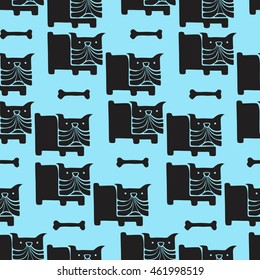 Vector seamless pattern with hand drawn pug dogs, puppies