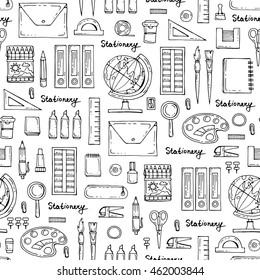Vector seamless pattern with hand drawn isolated stationery on white color. Pattern on the theme of writing utensils. Background for use in design, packing, web site, fabric