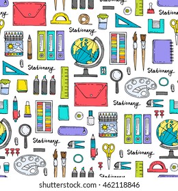 Vector seamless pattern with hand drawn colored stationery. Pattern on the theme of writing utensils. Background for use in design, packing, web site, fabric