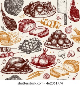 Vector seamless pattern with hand drawn meat  illustration. Restaurant or butchery design. Vintage background with food sketch.