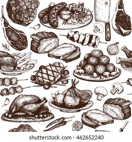 Vector seamless pattern with hand drawn meat  illustration. Restaurant or butchery design. Vintage background with food sketch.