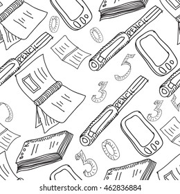 Vector seamless pattern. Hand drawn copybooks, books, pencils, telephone, calculator, numbers . Sketches.
