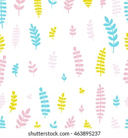  Vector seamless pattern with hand drawn flat plants. Branch with leaves. Green, yellow and pink garden elements on white background.