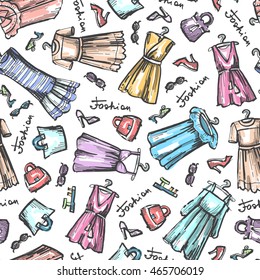 Vector seamless pattern with hand drawn colored dresses. Pattern on the theme of fashion for women. Background for use in design, packing, web site, fabric