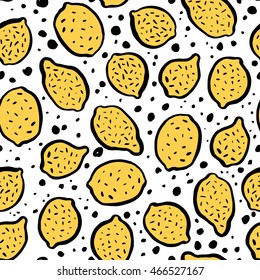Vector seamless pattern with hand drawn calligraphic brush fruits. Pop-art style.