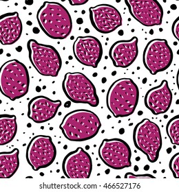 Vector seamless pattern with hand drawn calligraphic brush fruits. Pop-art style.