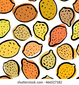 Vector seamless pattern with hand drawn calligraphic brush fruits. Pop-art style.
