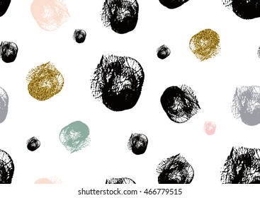 Vector seamless pattern with hand drawn gold glitter textured sponge polka dots. Dry brush. Black, gold, pink, green, white, grey colors.
