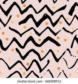 Vector seamless pattern with hand drawn calligraphic brush strokes and golden dots.