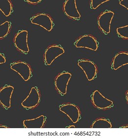 Vector seamless pattern hand drawn brush line chalk color taco on black background