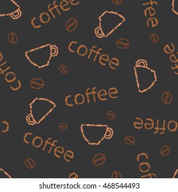 Vector seamless pattern hand drawn brush line color cup coffee and coffee beans on black background