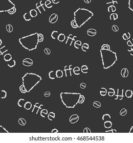 Vector seamless pattern hand drawn brush line chalk white cup coffee and coffee beans on black background