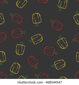 Vector seamless pattern hand drawn brush line red and yellow sweet pepper on black background