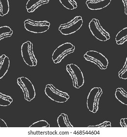 Vector seamless pattern hand drawn brush line chalk white hot dog on black background