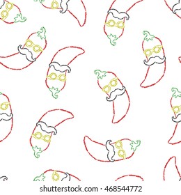 Vector seamless pattern hand drawn brush line red chili pepper with mustache and glasses on white background