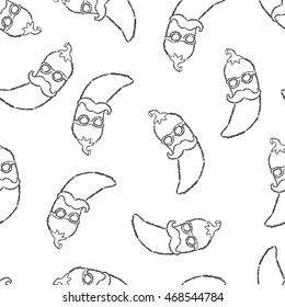 Vector seamless pattern hand drawn brush line black chili pepper with mustache and glasses on white background