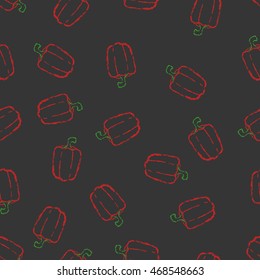 Vector seamless pattern hand drawn brush line red sweet pepper on black background