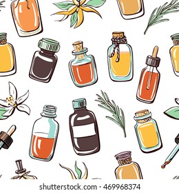 Vector seamless pattern with hand drawn essential oil bottles on white background with doodle flowers and rosemary twig. Colorful backdrop with bright elements for design.