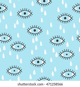 Vector seamless pattern with hand drawn eyes and tears.