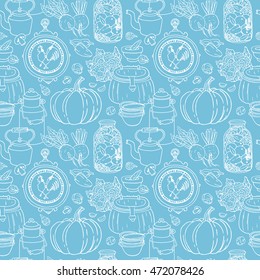 Vector seamless pattern with hand drawn rustic vegetables, canned, dishes. Blue color sketchy country background