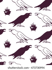 Vector seamless pattern with hand drawn creepy and comic images of black and white ravens and witch cauldron. Halloween design elements. Perfect for Halloween holiday prints and patterns.