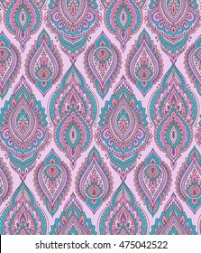 Vector seamless pattern with hand drawn henna mehndi floral elements. Beautiful colorful endless background in oriental indian style in blue and pink soft colors