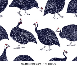 Vector seamless pattern with hand drawn guinea fowl. Beautiful design elements.