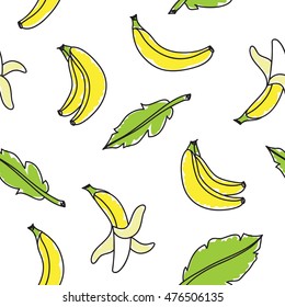 vector seamless pattern with hand drawn bananas and leaves on white