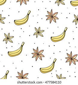 Vector seamless pattern with hand drawn bananas and flowers.