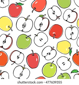 Vector seamless pattern with hand drawn apples. Vegetarian, healthy food illustration. Beautiful design elements.