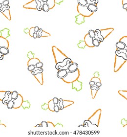 Vector seamless pattern hand drawn brush line chalk color carrot with short tail, mustache and glasses on white background