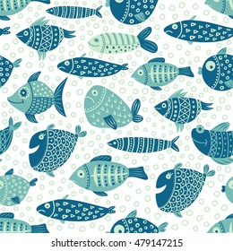 vector seamless pattern with hand drawn doodle fish on isolated background