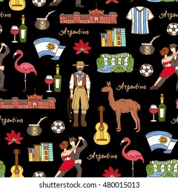 Vector seamless pattern with hand drawn colored symbols of Argentina on black color. Pattern on the theme of travel and tourism. Background for use in design, packing, web site, fabric