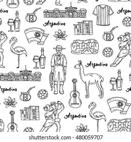 Vector seamless pattern with hand drawn isolated symbols of Argentina on white color. Pattern on the theme of travel and tourism. Background for use in design, packing, web site, fabric