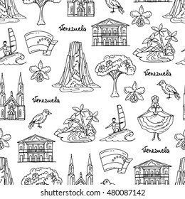 Vector seamless pattern with hand drawn isolated symbols of Venezuela on white color. Pattern on the theme of travel and tourism. Background for use in design, packing, web site, fabric