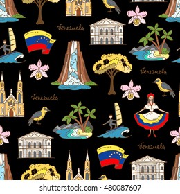 Vector seamless pattern with hand drawn colored symbols of Venezuela on black color. Pattern on the theme of travel and tourism. Background for use in design, packing, web site, fabric