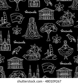 Vector seamless pattern with hand drawn isolated symbols of Venezuela on black color. Pattern on the theme of travel and tourism. Background for use in design, packing, web site, fabric