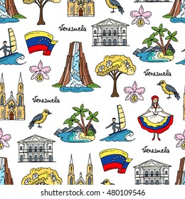 Vector seamless pattern with hand drawn colored symbols of Venezuela. Pattern on the theme of travel and tourism. Background for use in design, packing, web site, fabric