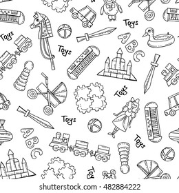 Vector seamless pattern with hand drawn isolated toys for girls and boys on white color. Pattern on the theme of games. Background for use in design, packing, web site, fabric