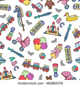 Vector seamless pattern with hand drawn colored toys for girls and boys. Pattern on the theme of games. Background for use in design, packing, web site, fabric