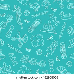 Vector seamless pattern with hand drawn isolated toys for girls and boys on green color. Pattern on the theme of games. Background for use in design, packing, web site, fabric