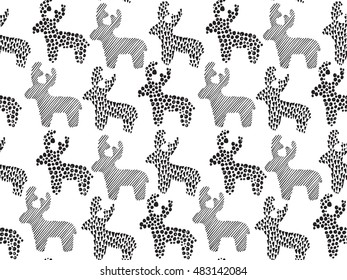 Vector seamless pattern with hand drawn Christmas deers on white background. Black and white endless background in graphic doodle style for prints, cards, scrapbook.