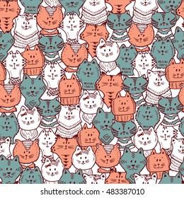 Vector Seamless pattern with Hand Drawn doodle funny Cats