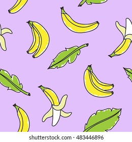 vector seamless pattern with hand drawn bananas and leaves on lilac background