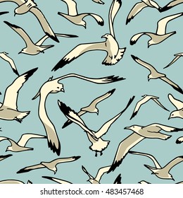 Vector seamless pattern with hand drawn flying sea gulls. Beautiful ink drawing, perfect for prints and patterns