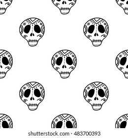 Vector seamless pattern with hand drawn sugar skull. Day of the dead background, halloween pattern. Great print for t-shirts,wrapping paper, coloring book