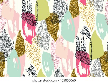 Vector Seamless Pattern With Hand Drawn Gold Glitter Textured Brush Strokes And Stripes Hand Painted. Black, Gold, White, Pink, Green, Blue Colors.