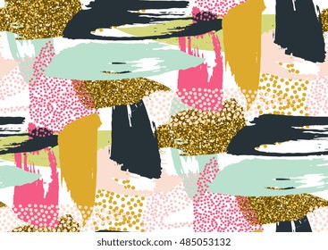 Vector seamless pattern with hand drawn gold glitter textured brush strokes and stripes hand painted. Black, gold, white, pink, green, blue colors.